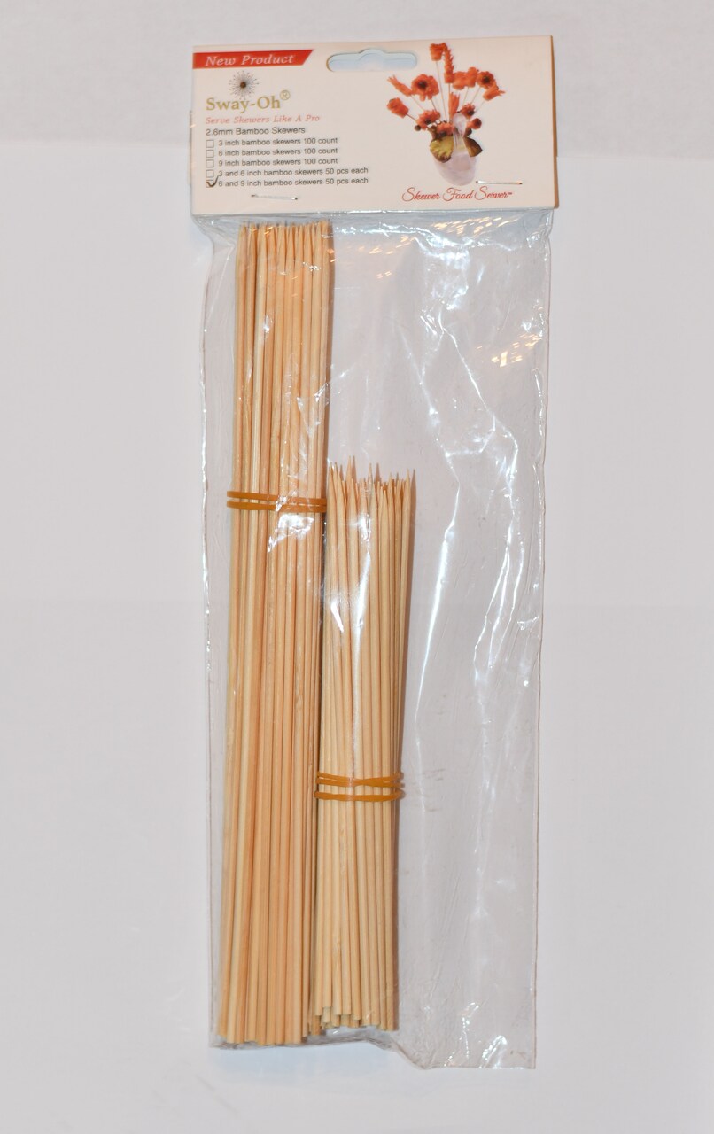 6" and 9" Natural Bamboo Skewers, 100 Count - Ø=2.6mm. Natural Bamboo. Strong, durable, bamboo skewers to display bite-sized fruits, vegetables, meats, cheese, desserts, and other appetizers.